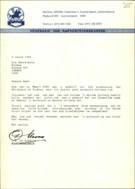 Letter from Federation of Rapportryerskorpse