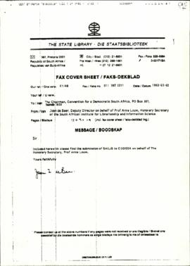 Fax from State Library – Submission of SAILIS to CODESA on behalf of the Honorary Secretary, Prof...