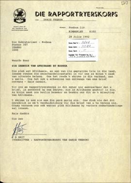 Letter from Die Rapportryerskorps (Danie Theron) re: Gebruik van Afrikaans by Kodesa