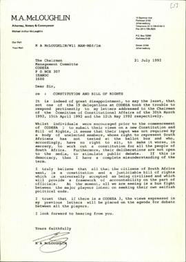 Letter from MA McLoughlin re: Constitution and Bill of Rights