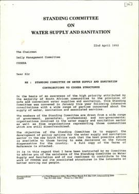 Fax from Standing Committee on Water Supply and Sanitation re: Contribution to Codesa