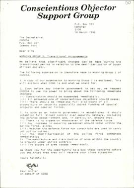 Covering Letter and submission from Conscientious Objector Support Group