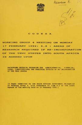 SA Government: Areas of research required if reincorporation of the TBVC states is agreed upon
