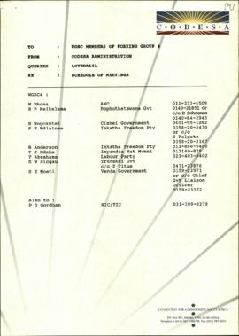 To WG4SC members from CODESA Administration re: Schedule of meetings
