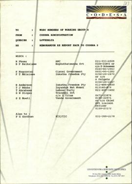 To WG4SC members from CODESA Administration re: Report back to CODESA 2