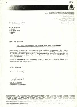 Small Business Development Corporation Ltd letter re: Invitation by Codesa for public comment