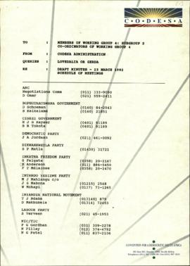 Members of WGSC4 from CODESA Administration re: Draft minutes 23/3/92 and schedule of meetings