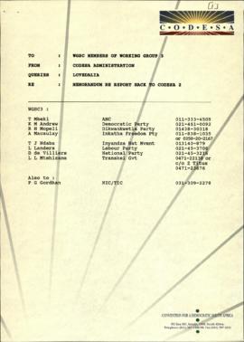 Fax to WGSC Members of Working Group 3, re; Memorandum report back to CODESA 2