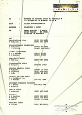 To members of WGSC4 from CODESA Administration re: Draft minutes WGSC1-4 9/3/92 and draft agenda ...