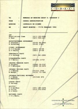 Members of WGSC4 from CODESA Administration re: Draft minutes of 17/18 February 1992