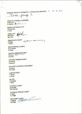 Attendance register for TG3 of SG1 of WG5