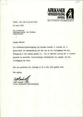 Submission from Afrikaner Vryheidstigting dated 24 April 1992 with reply letter from Theuns Eloff...