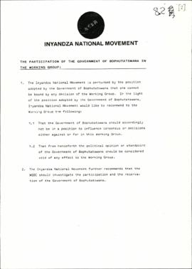 Inyandza National Movement: Participation of the Government of Bophuthatswana