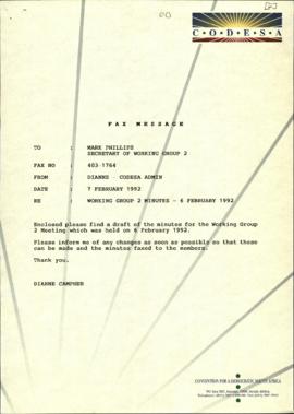 Fax to Mark Phillips dated 07 February 1992 enclosed Draft minutes of the meeting