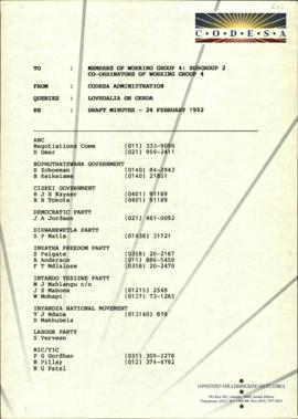 Members of WGSC4 from CODESA Administration re: Draft minutes 24/2/92