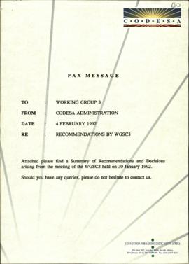 Fax message to Working Group 3 re; Recommendations by WGSC3