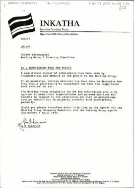 Fax from Inkatha – Urgent CODESA Secretariat – Working Group 3 Steering Committee