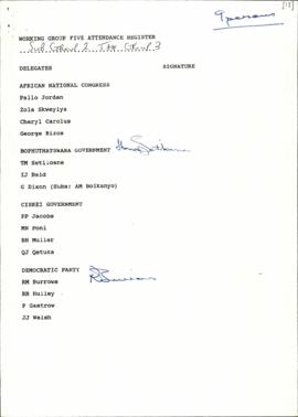 Attendance register for SG2 TG3 of WG5
